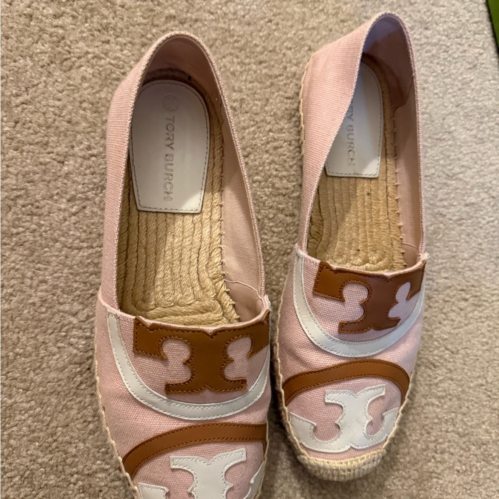 Tory Burch Pink Canvas Espadrilles with White and Brown Logo